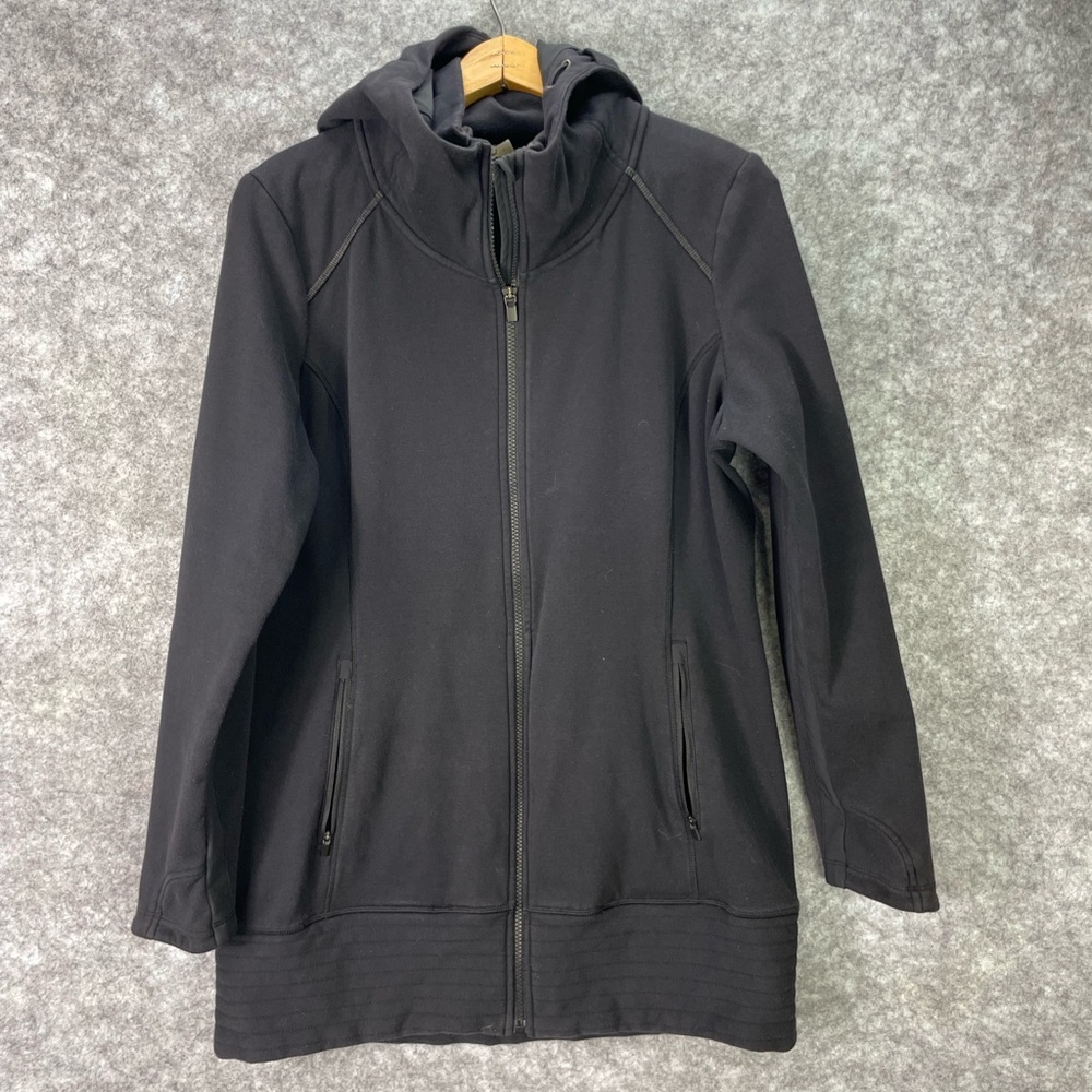 Athleta Jacket Womens Large Black Hooded Full Zip Knit Lined Insulated Pockets.